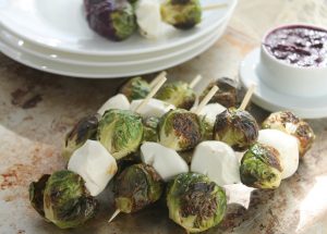 Crispy Brussels Sprout and Mozzarella Skewers with Savory Wild Blueberry Dipping Sauce via JennySheaRawn.com
