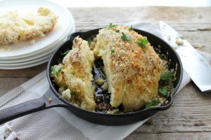 Crispy Whole Roasted Cauliflower with Everything Cheddar via JennySheaRawn.com