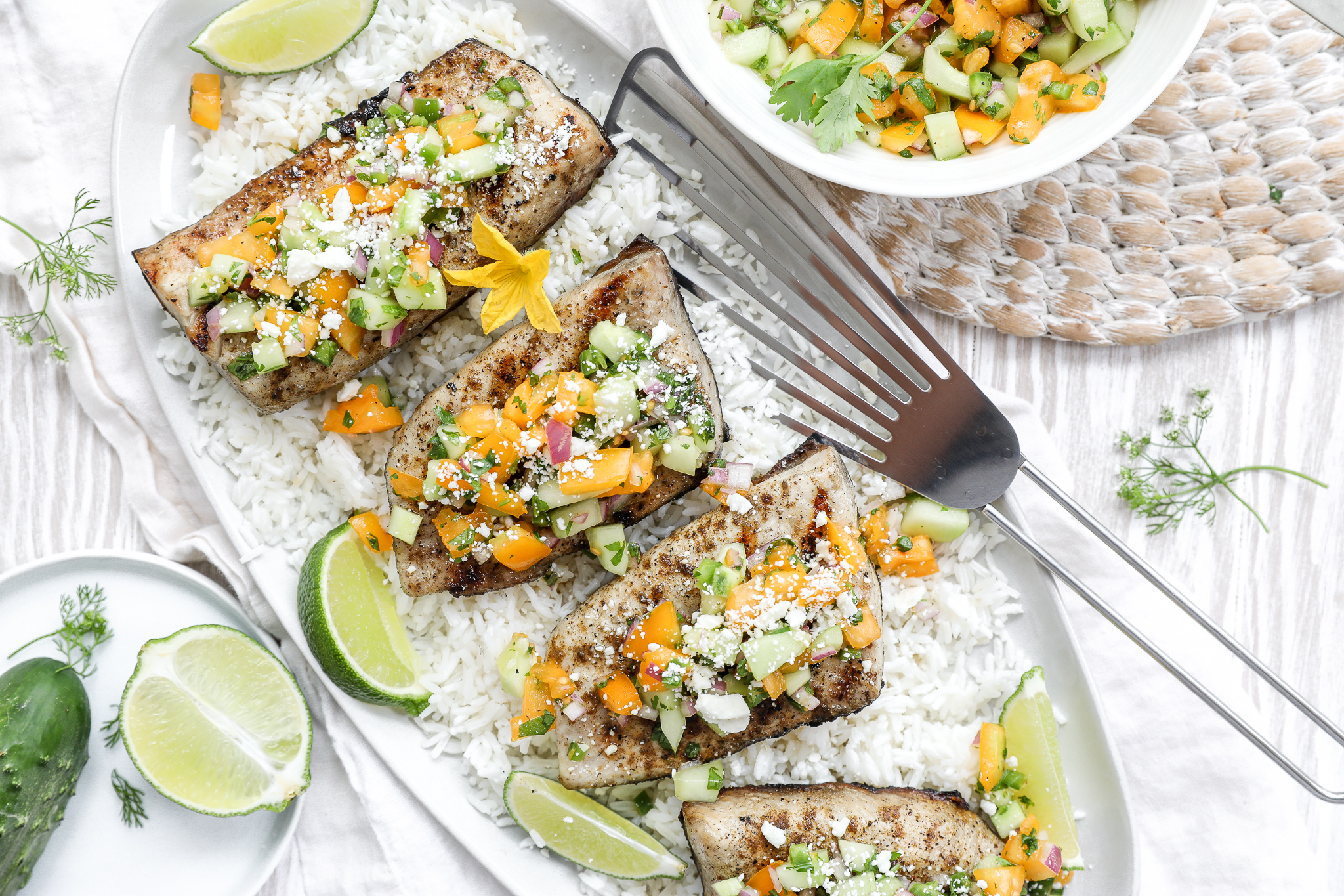 Grilled Kanpachi with Cucumber and Jalapeno Salsa | My Cape Cod Kitchen An overhead image of grilled kanpachi with cucumber salsa
