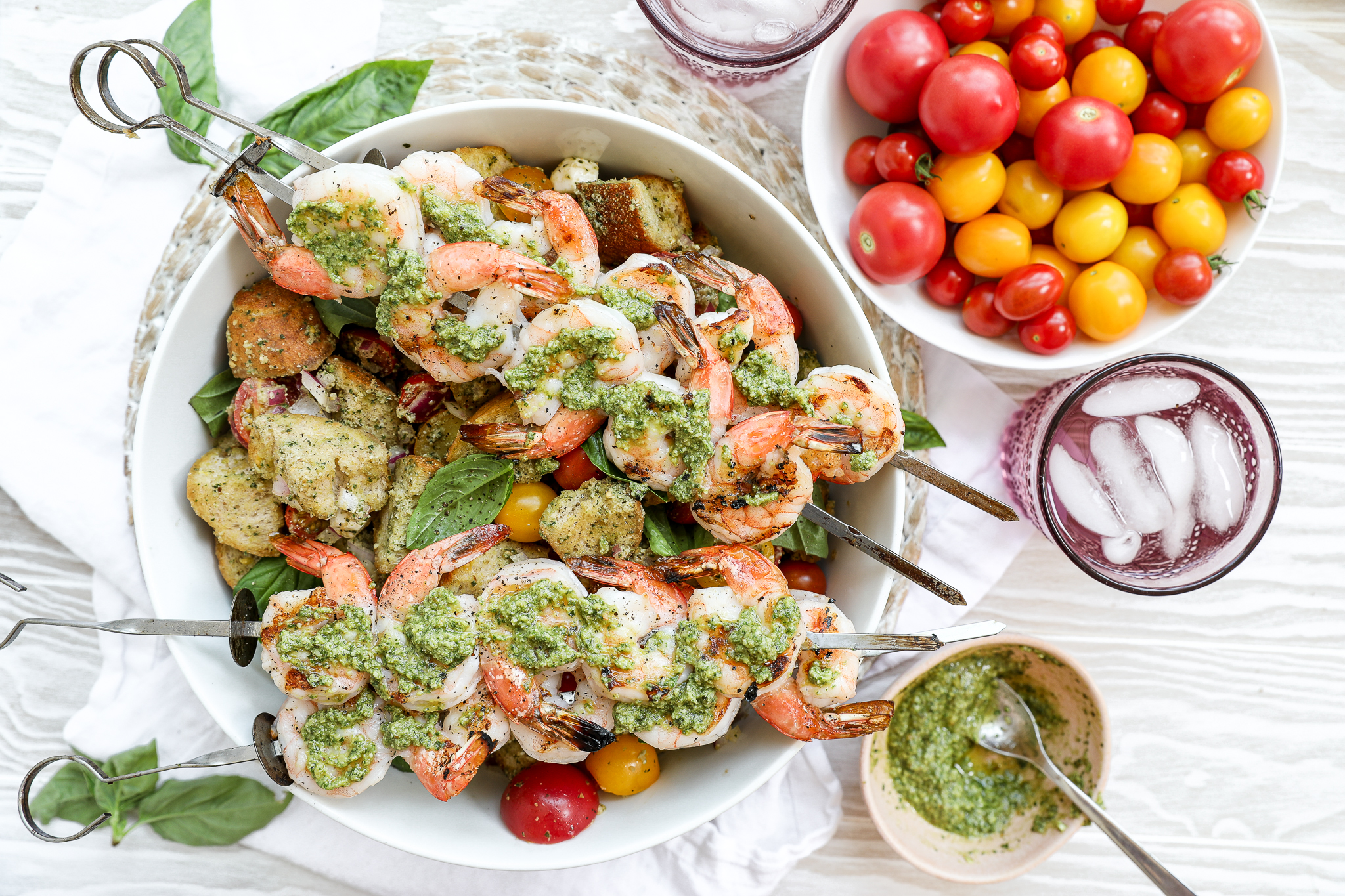 Grilled Pesto Shrimp Panzanella Salad | My Cape Cod Kitchen An overhead image of a shrimp Panzanella Salad