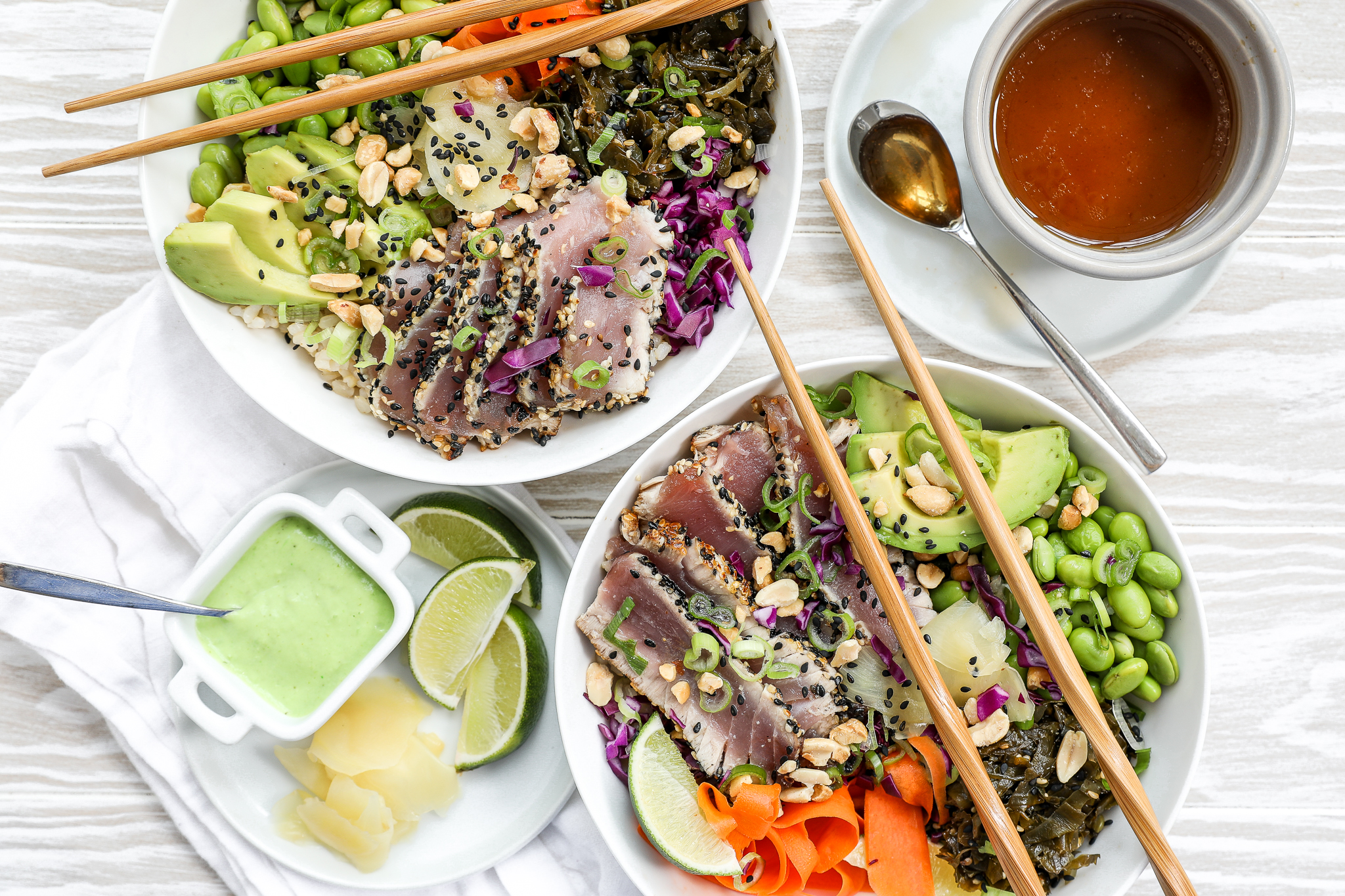 Sesame Crusted Ahi Tuna Power Bowls | My Cape Cod Kitchen An overhead image of sesame crusted tuna power bowls