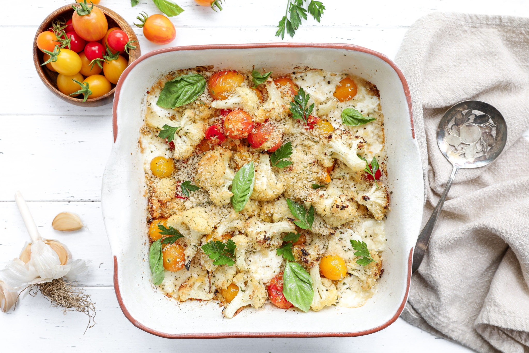 Roasted Cauliflower Caprese Casserole An overhead shot of a colorful cauliflower casserole.