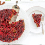 An overhead shot of a cranberry pumpkin upside down cake