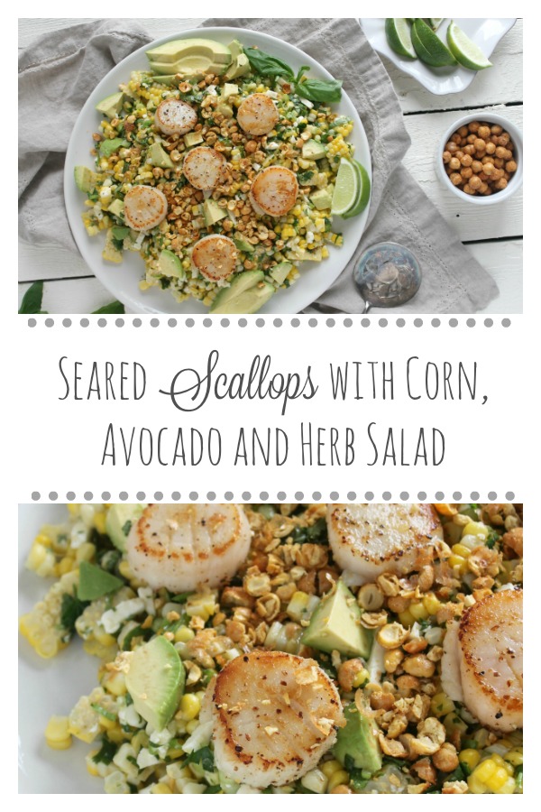 seared scallops with corn, avocado and herb salad