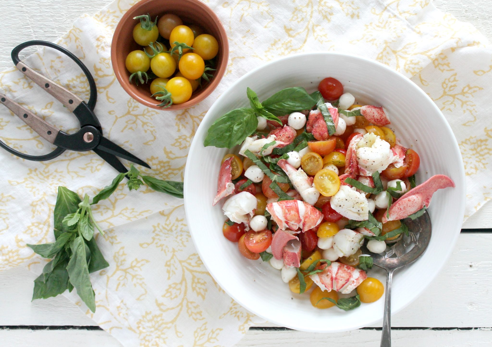 lobster caprese salad in a bowl on a white wooden table with scissors and bowl of tomatoes