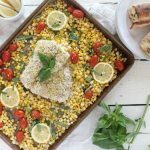 Sheet Pan Panko Crusted Cod with Summer Corn, Tomatoes and Basil via JennySheaRawn.com