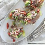 Greek Salad Stuffed Sweet Potatoes via JennySheaRawn.com