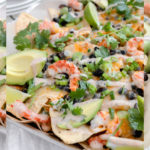 Easy Shrimp Nachos on a sheet pan.